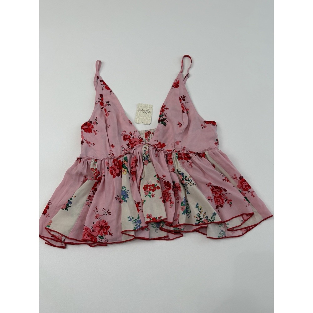 Free People Tillie Top S Pink Floral Babydoll Cami Boho Ruffle NWT $78